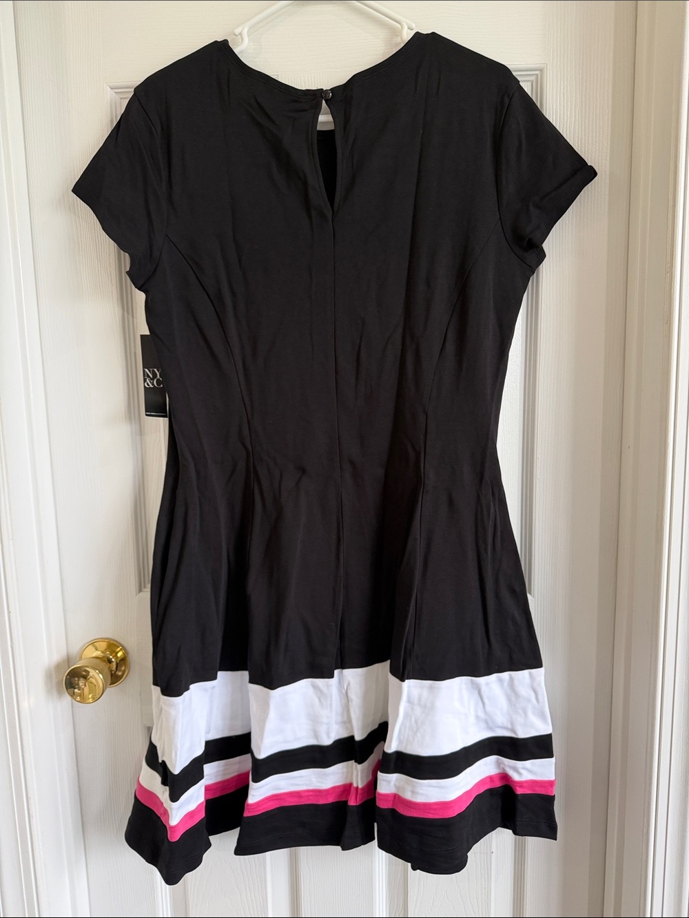 NWT New York & Company Black Mini Dress with White and Pink Hem Stripes - Picture 7 of 9